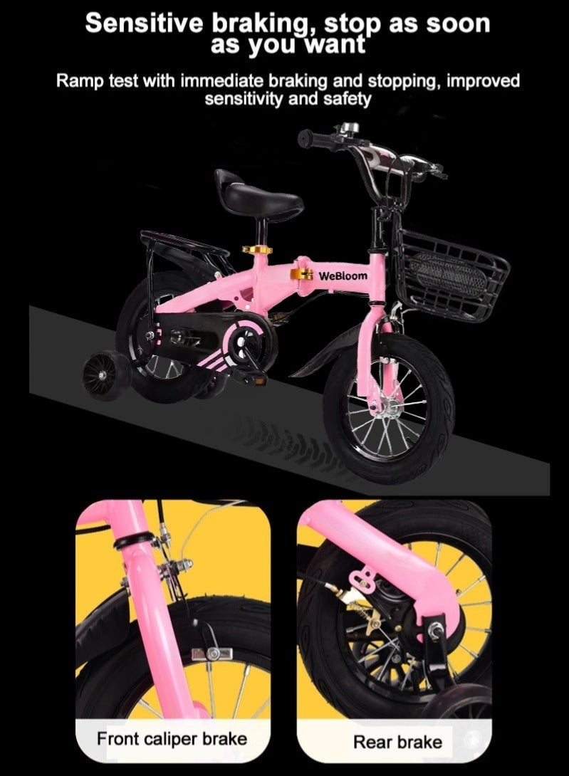WeBloom 12 Inch Foldable Kids Bike for 2-5 Years Old Boys & Girls - Carbon Steel Frame with Height-Adjustable Seat,Flashing Training Wheels, Back Seat, Removable Basket & Anti-Slip Grips - Image 3