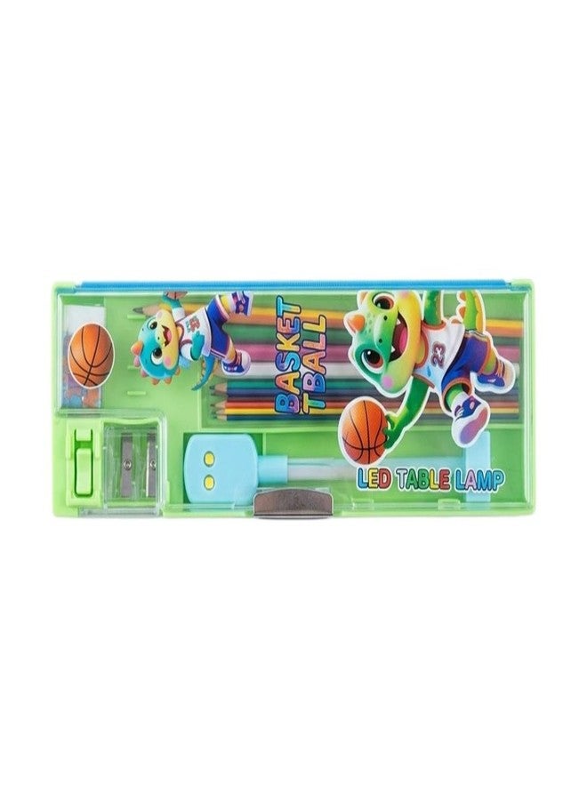 BLLUEX Multifunctional Magnetic Pencil Box for Kids | Double-Sided Geometry/Pencil Case with Compass & Sharpener | Plastic Pen & Pencil Organizer | Birthday Gift for Students (Basket Ball - Green) - Image 3