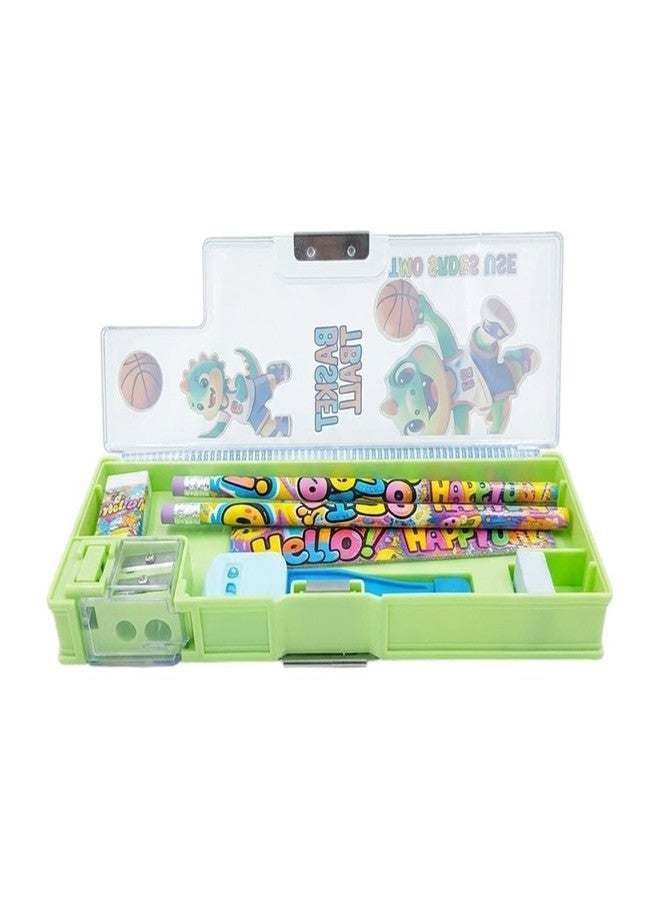 BLLUEX Multifunctional Magnetic Pencil Box for Kids | Double-Sided Geometry/Pencil Case with Compass & Sharpener | Plastic Pen & Pencil Organizer | Birthday Gift for Students (Basket Ball - Green) - Image 1