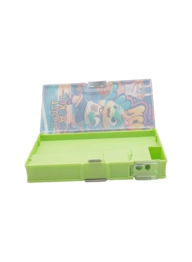 BLLUEX Multifunctional Magnetic Pencil Box for Kids | Double-Sided Geometry/Pencil Case with Compass & Sharpener | Plastic Pen & Pencil Organizer | Birthday Gift for Students (Basket Ball - Green) - Image 4