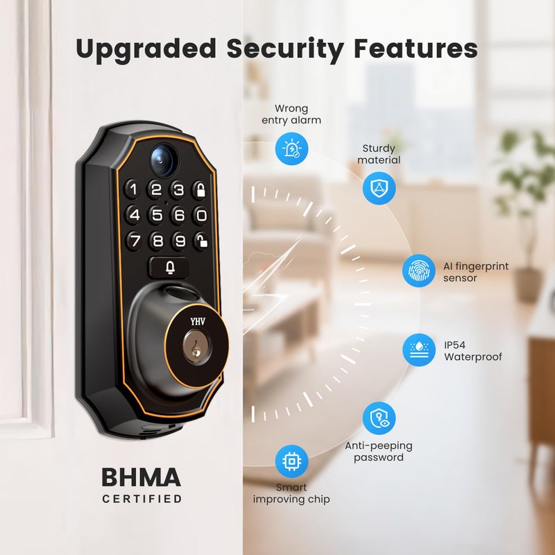 YHV Keyless Entry Door Lock with Camera Electronic Smart Lock Fingerprint Keypad Deadbolt with Code, App Remote Control, Auto Unlock, Wi-Fi Connected, Doorbell for Front Door - Image 3