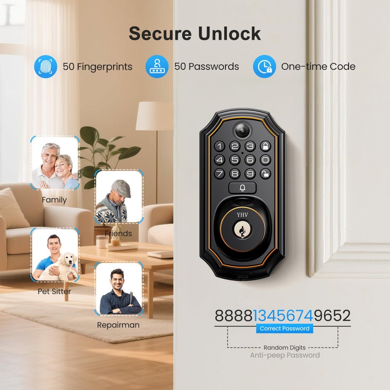 YHV Keyless Entry Door Lock with Camera Electronic Smart Lock Fingerprint Keypad Deadbolt with Code, App Remote Control, Auto Unlock, Wi-Fi Connected, Doorbell for Front Door - Image 5