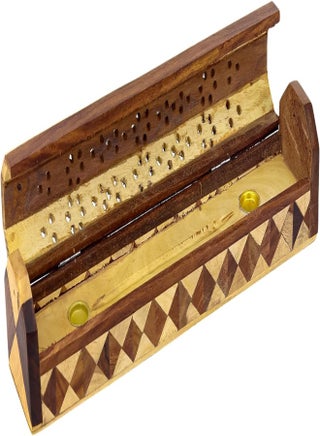 Wooden Hand Carved Coffin Incense Burner Brass Inlays & Storage Incense Holder, Incense Stick Stand, Stick Holder, Incense Burners | Handmade | Ash Catcher (30X6X6Cm)