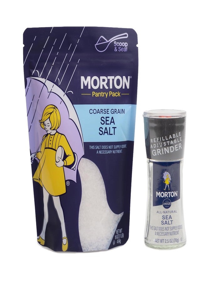 Morton Sea Salt 2-Piece Bundle Set, Grinder, 2.5oz, & Refill Pouch, 16oz