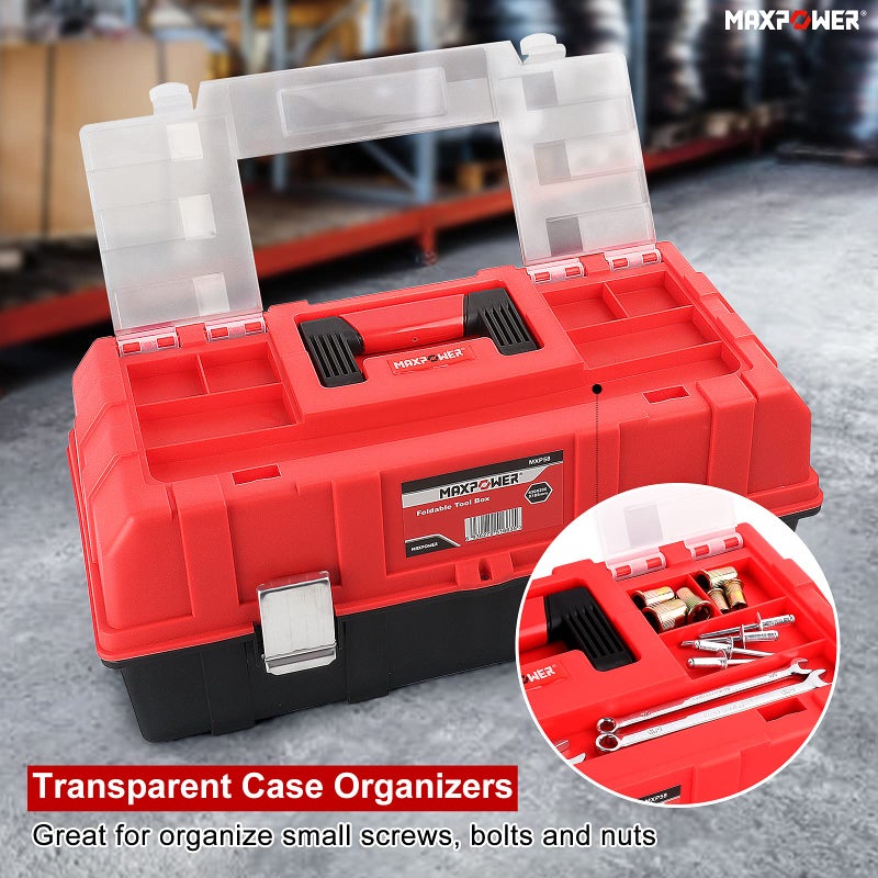 MAXPOWER 16-Inch Tool Box, Three-Layer Folding Plastic Storage Toolbox, Multi-Function Organizer with Tray and Dividers - Image 3
