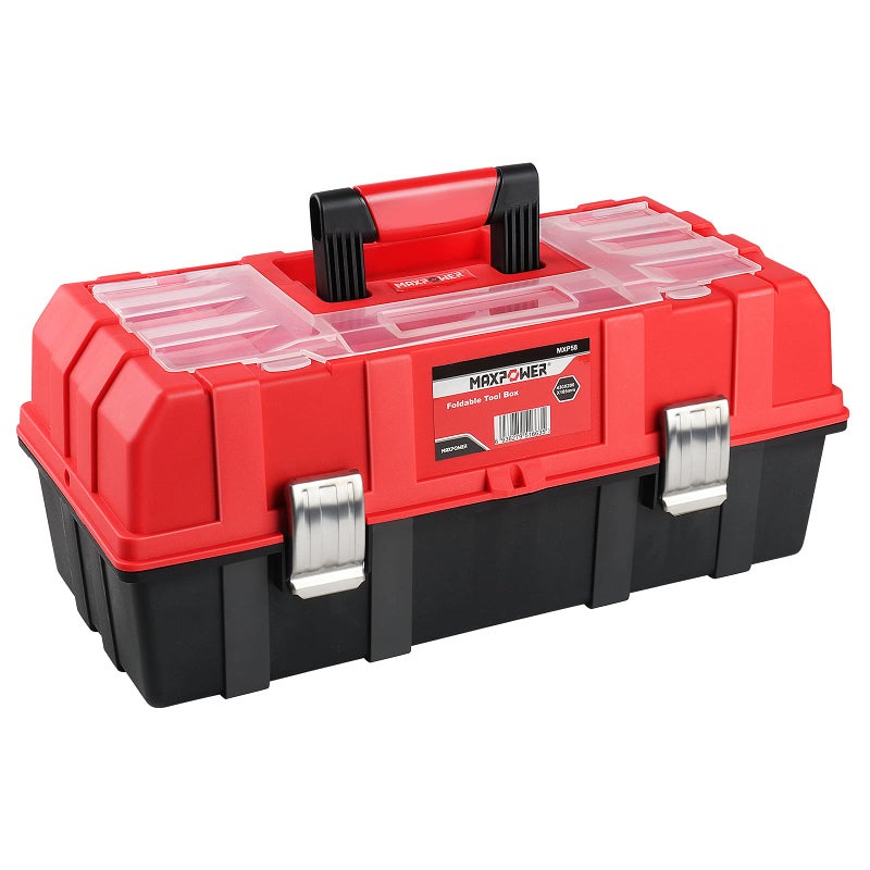 MAXPOWER 16-Inch Tool Box, Three-Layer Folding Plastic Storage Toolbox, Multi-Function Organizer with Tray and Dividers - Image 1