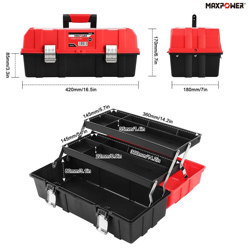 MAXPOWER 16-Inch Tool Box, Three-Layer Folding Plastic Storage Toolbox, Multi-Function Organizer with Tray and Dividers - Image 2