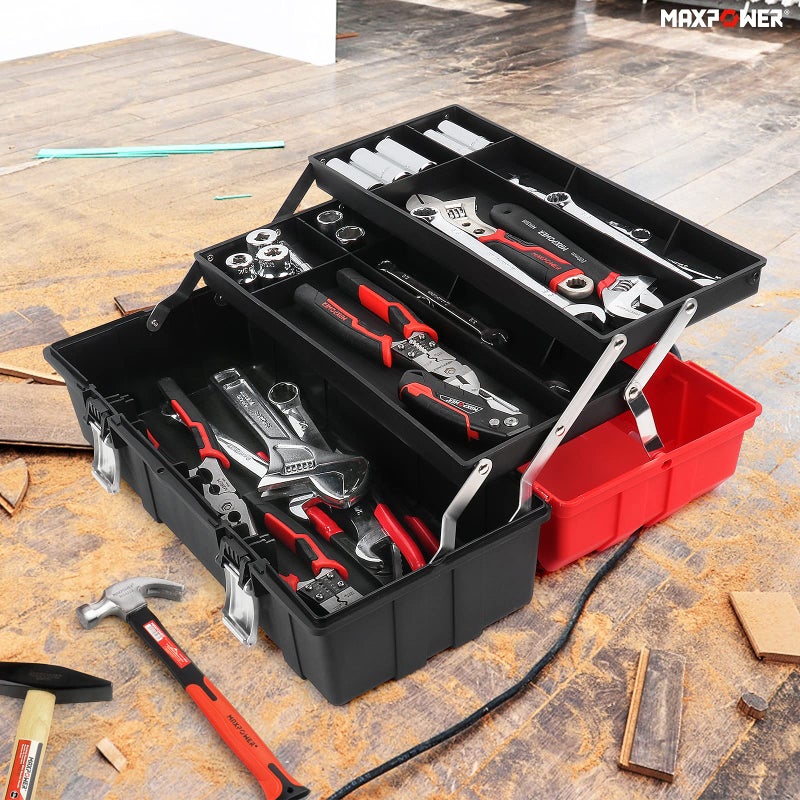 MAXPOWER 16-Inch Tool Box, Three-Layer Folding Plastic Storage Toolbox, Multi-Function Organizer with Tray and Dividers - Image 4