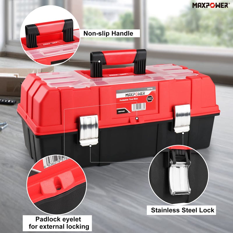 MAXPOWER 16-Inch Tool Box, Three-Layer Folding Plastic Storage Toolbox, Multi-Function Organizer with Tray and Dividers - Image 5