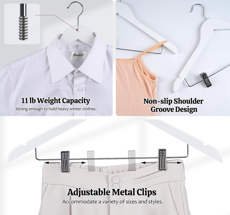 HOUISM HOUÍSM White Wooden Skirt Hangers with Clips 16Pack, Heavy Duty Wood Pants Hangers with Adjustable Metal Clips for Slacks, Jeans, Shorts, Jacket, Blouse, Clothes Suit - Image 4