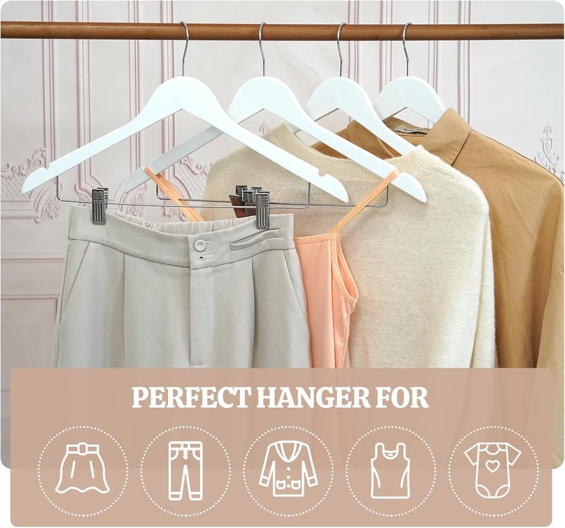 HOUISM HOUÍSM White Wooden Skirt Hangers with Clips 16Pack, Heavy Duty Wood Pants Hangers with Adjustable Metal Clips for Slacks, Jeans, Shorts, Jacket, Blouse, Clothes Suit - Image 5