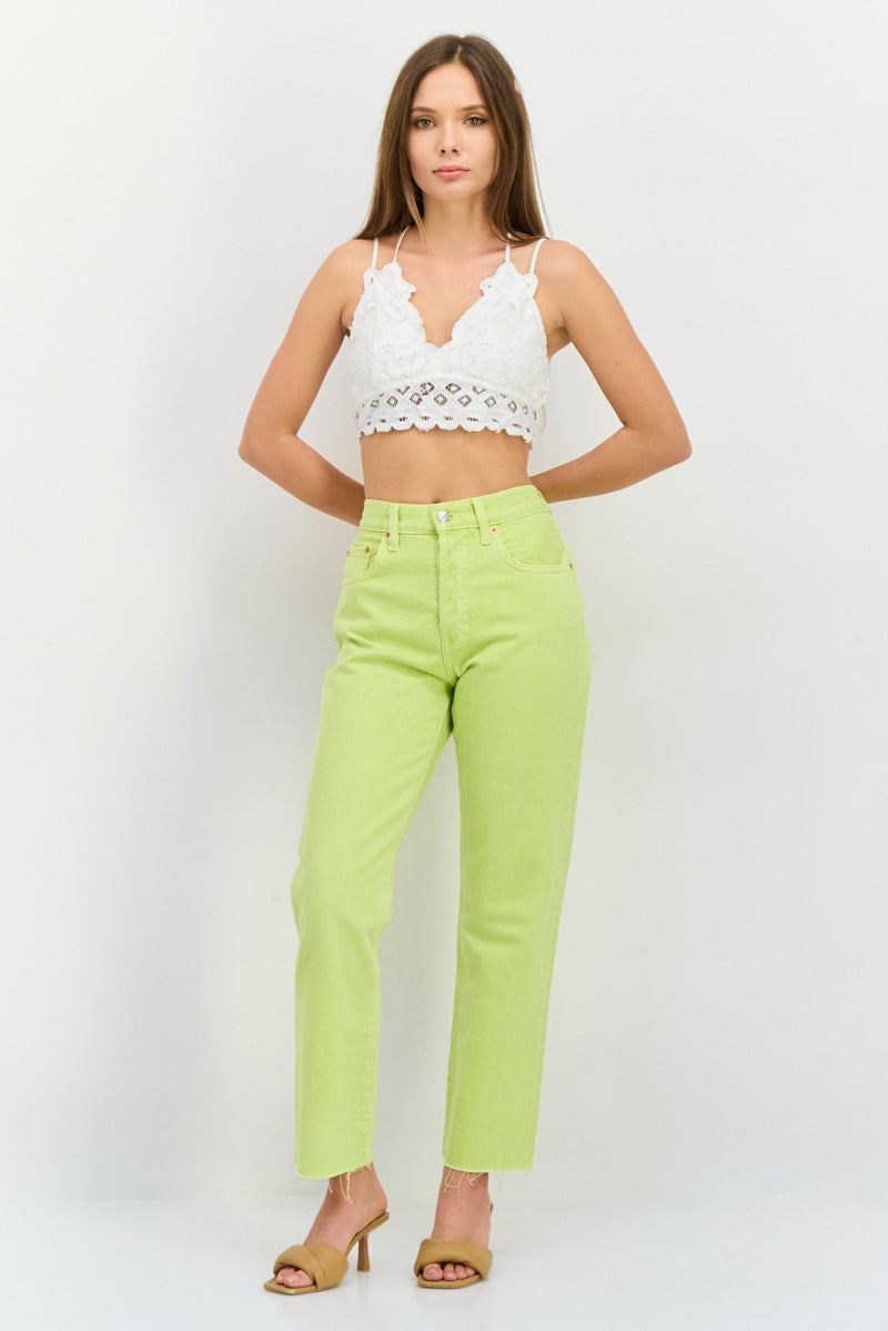 MANGO Women Straight Fit High Rise Cropped No Stretch Jeans, Lime - Image 4
