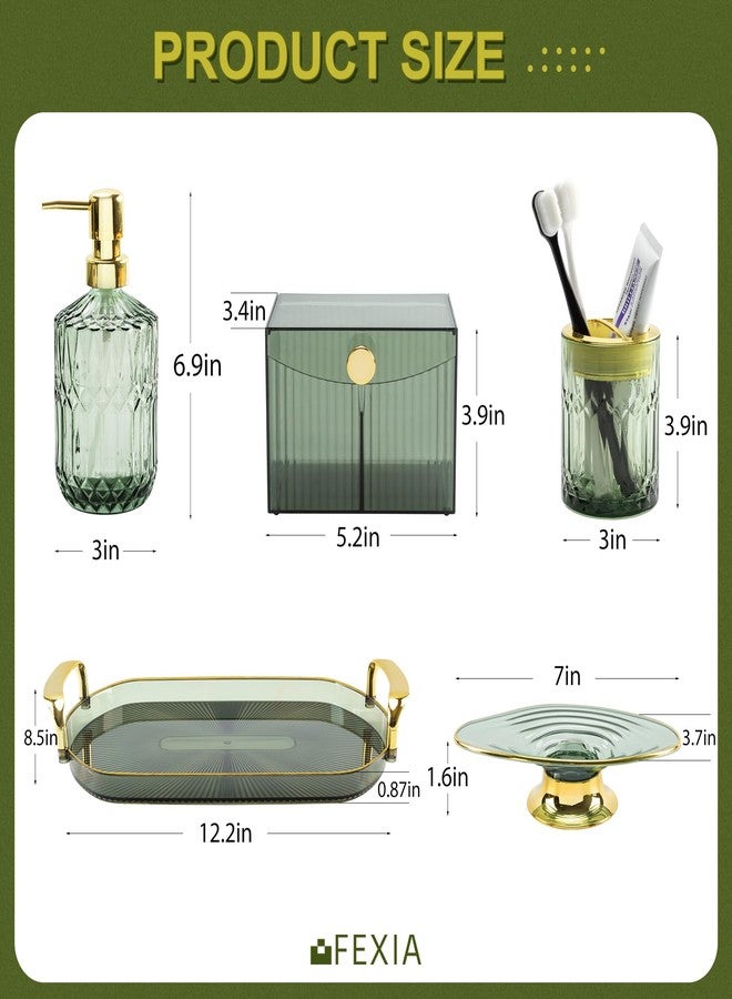 FEXIA Green Bathroom Accessories Set 5 Pcs Green Bathroom Decor with Decorative Vanity Tray for Boho Bathroom Decorations Soap Dispenser Toothbrush Holder Lotion Gifts for Women Home Apartment Decor - Image 2
