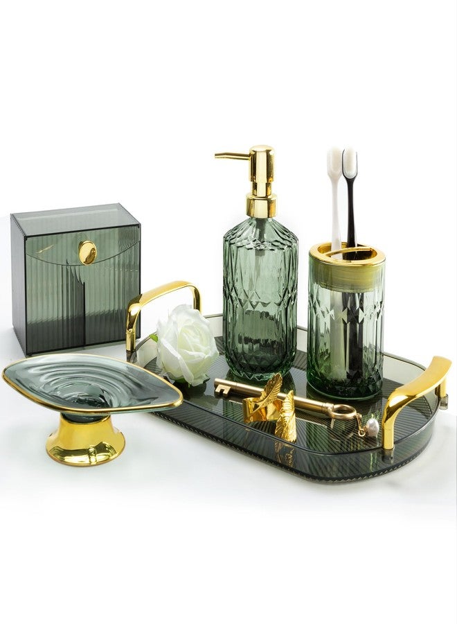 FEXIA Green Bathroom Accessories Set 5 Pcs Green Bathroom Decor with Decorative Vanity Tray for Boho Bathroom Decorations Soap Dispenser Toothbrush Holder Lotion Gifts for Women Home Apartment Decor - Image 1