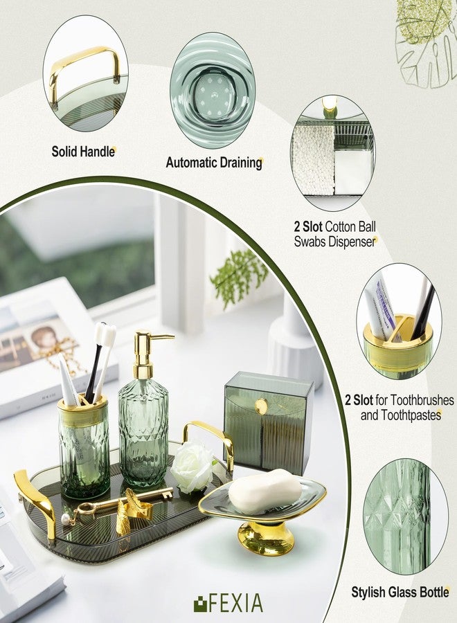 FEXIA Green Bathroom Accessories Set 5 Pcs Green Bathroom Decor with Decorative Vanity Tray for Boho Bathroom Decorations Soap Dispenser Toothbrush Holder Lotion Gifts for Women Home Apartment Decor - Image 3
