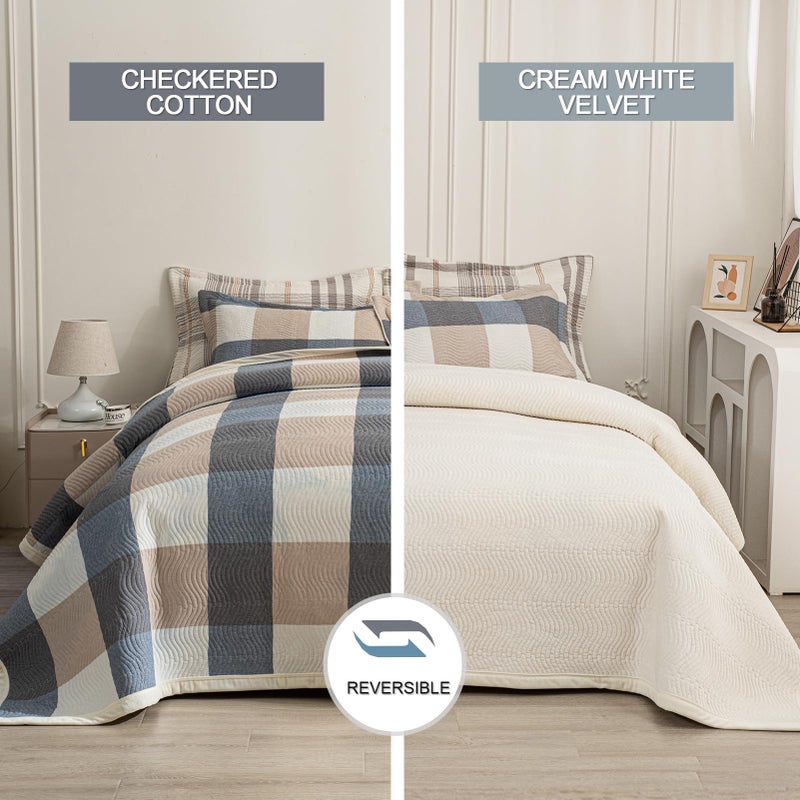 tohrisa Cotton Plaid Quilt Set, Ultra Soft 3 Pieces Queen Size Bedding with 2 Pillow Shams, Lightweight Reversible Coverlet Bedspread with Wave Quilting for Summer, 90"x96", Grid-Beige Blue - Image 2