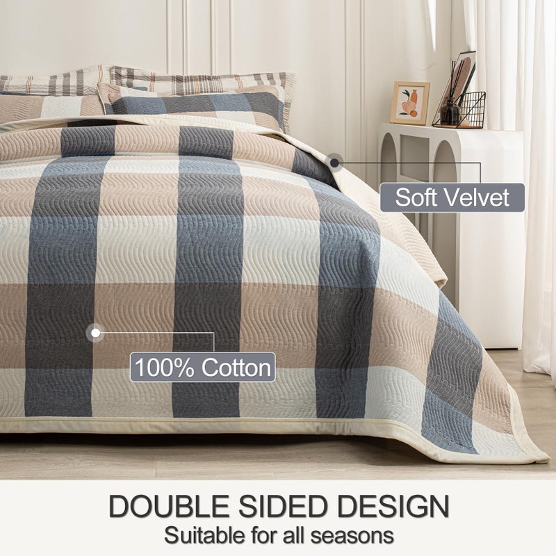 tohrisa Cotton Plaid Quilt Set, Ultra Soft 3 Pieces Queen Size Bedding with 2 Pillow Shams, Lightweight Reversible Coverlet Bedspread with Wave Quilting for Summer, 90"x96", Grid-Beige Blue - Image 5