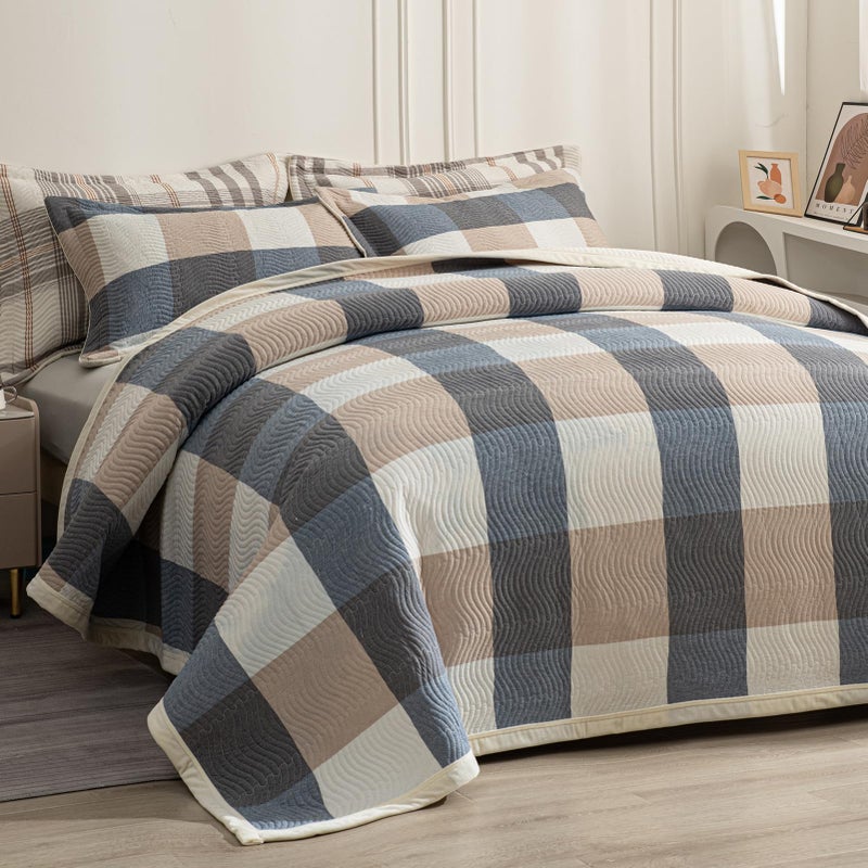 tohrisa Cotton Plaid Quilt Set, Ultra Soft 3 Pieces Queen Size Bedding with 2 Pillow Shams, Lightweight Reversible Coverlet Bedspread with Wave Quilting for Summer, 90"x96", Grid-Beige Blue - Image 1