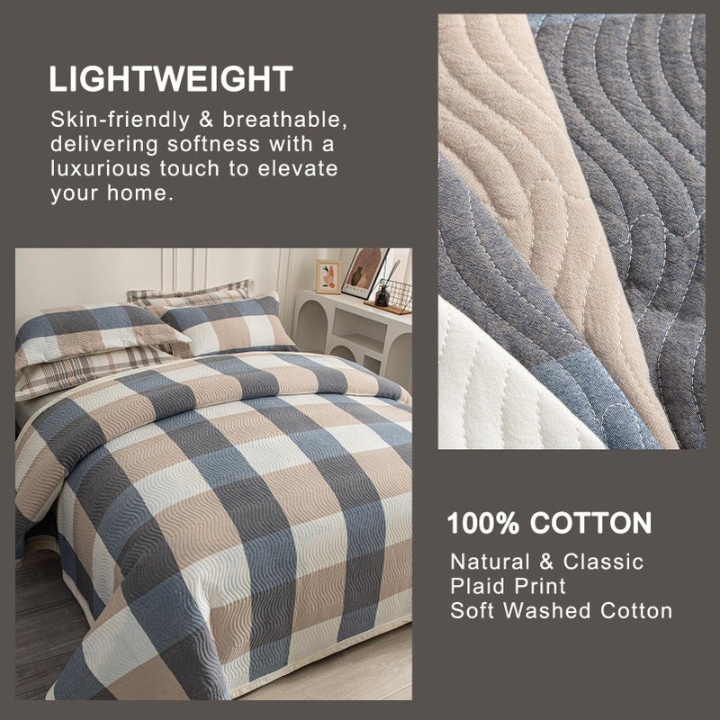 tohrisa Cotton Plaid Quilt Set, Ultra Soft 3 Pieces Queen Size Bedding with 2 Pillow Shams, Lightweight Reversible Coverlet Bedspread with Wave Quilting for Summer, 90"x96", Grid-Beige Blue - Image 4
