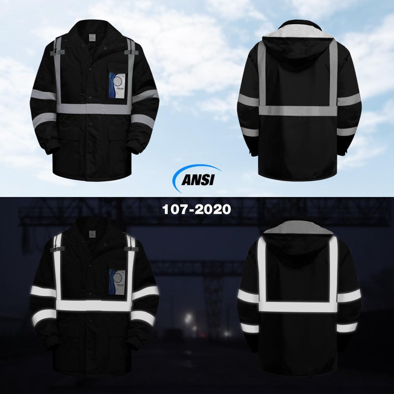 TCCFCCT Hi Vis Jackets for Men & Women, Waterproof Reflective Safety Jacket with Pockets, Construction Coats for Cold Weather, High Vis Rain Gear, Long J-Black, XL - Image 3