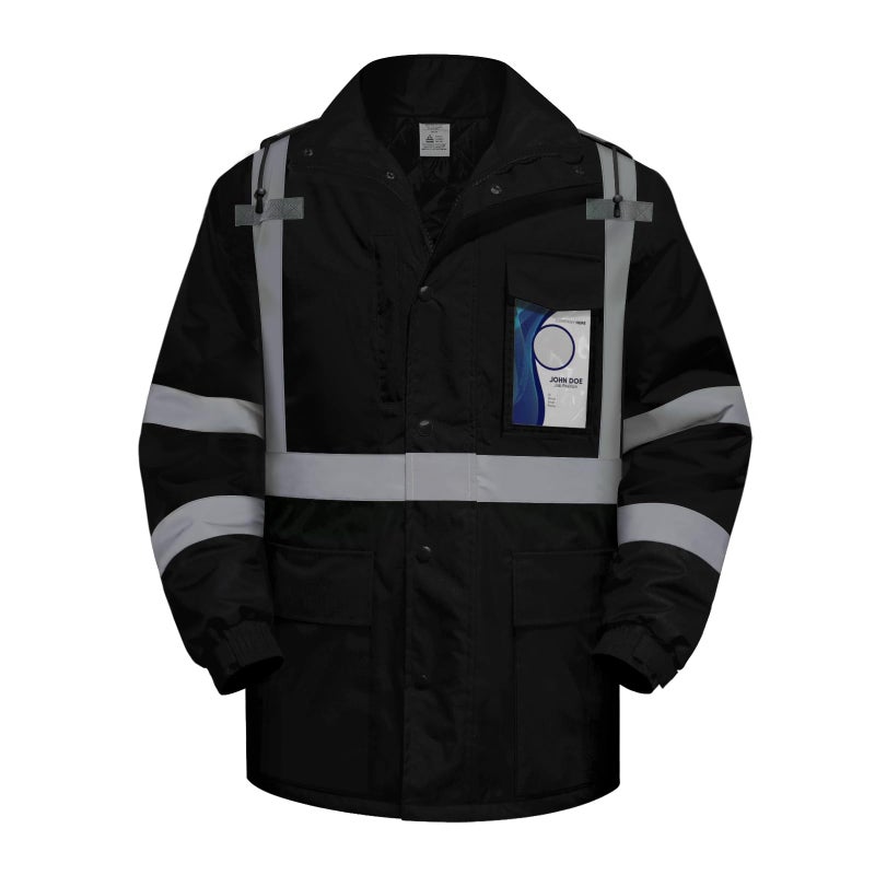 TCCFCCT Hi Vis Jackets for Men & Women, Waterproof Reflective Safety Jacket with Pockets, Construction Coats for Cold Weather, High Vis Rain Gear, Long J-Black, XL - Image 1