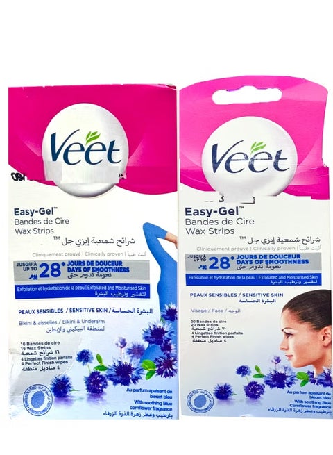 Veet Hair Removal Wax Stripes For Visage Face Peaux Sensibles Sensitive Skin + Veet Hair Removal For Bikini & Underarm Sensitive Skin