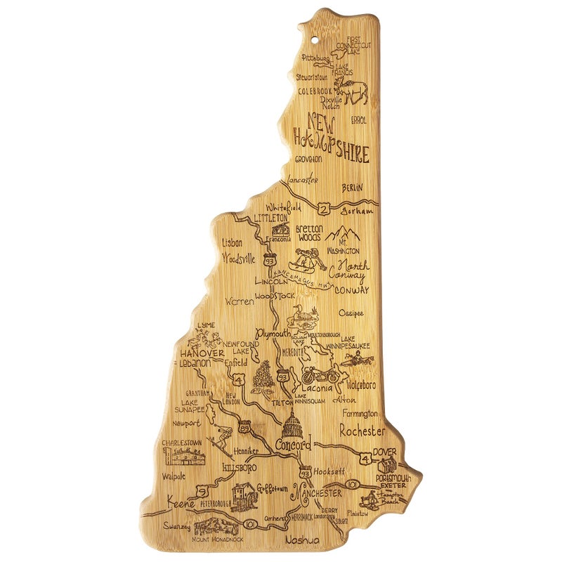 Totally Bamboo Destination New Hampshire State Shaped Serving and Cutting Board Includes Hang Tie for Wall Display