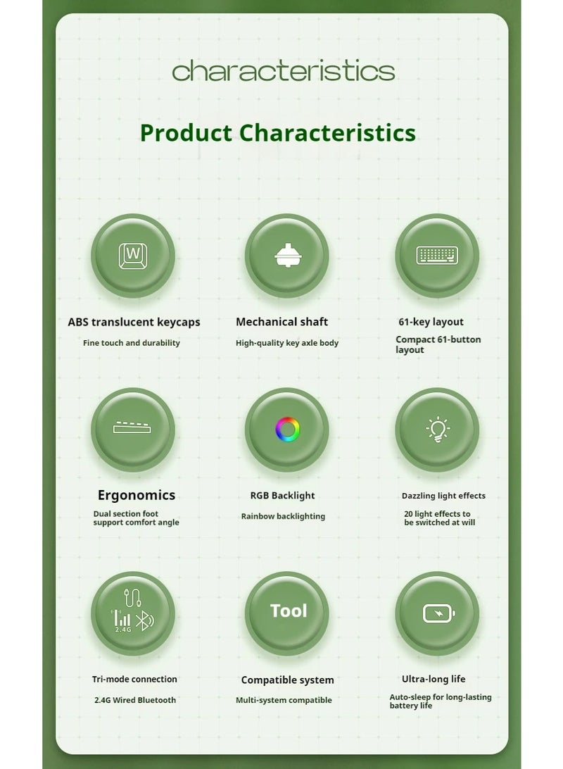 Eweadn G61 Wireless, Bluetooth & Wired Gaming Mechanical Keyboard - Rainbow LED Lighting - Anti-Ghosting, Detachable USB-C, Double-Shot Keycaps, 61 Keys Ultra-Compact - Image 4