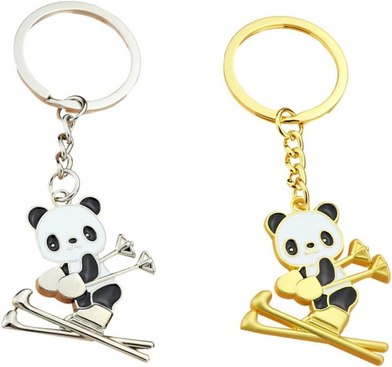Uonlytech Decorative Panda Keychain Set 2Pcs Metal Alloy Schoolbag Hanging Ornament Cartoon Style Accessory for Backpack and Keys in Gold and Silver Colors - Image 1