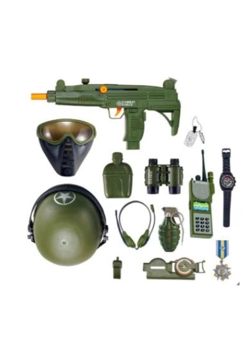 Complete Role Play Set with Gun Watch Mask Helmet Binoculars Tags and Accessories Kids Combat Play Set-Green