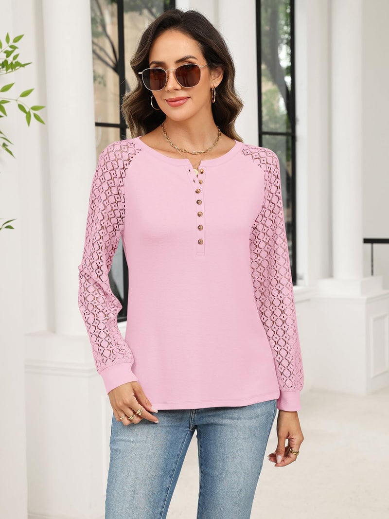 Minetom Women's Lace Long Sleeve Tops Henley Shirts Casual Blouses T Shirts Fall Clothes Light Pink - Image 2