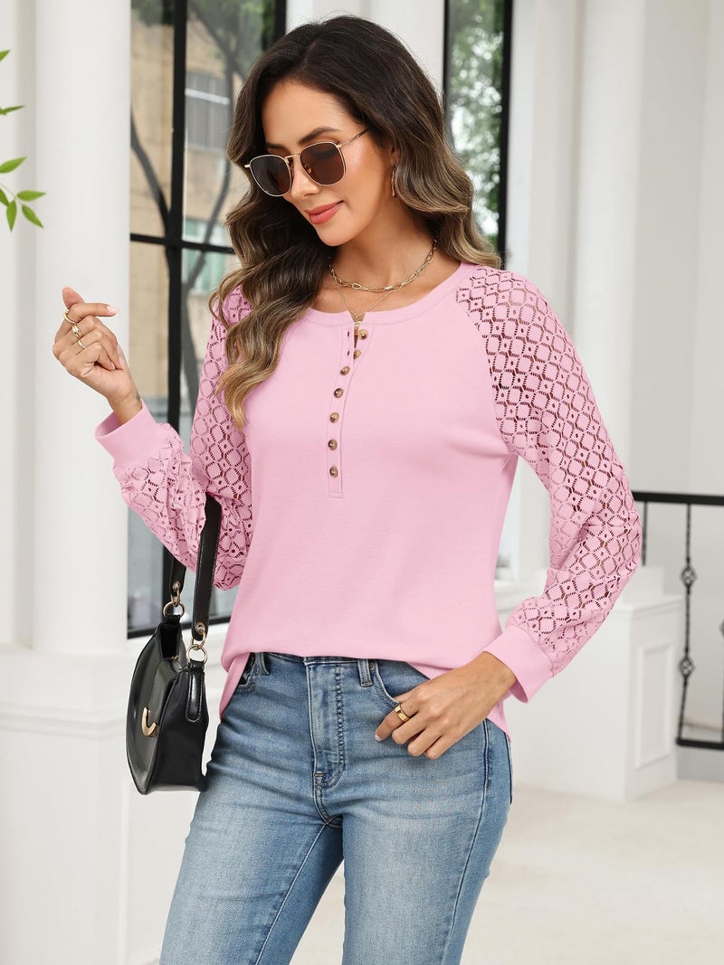 Minetom Women's Lace Long Sleeve Tops Henley Shirts Casual Blouses T Shirts Fall Clothes Light Pink - Image 4