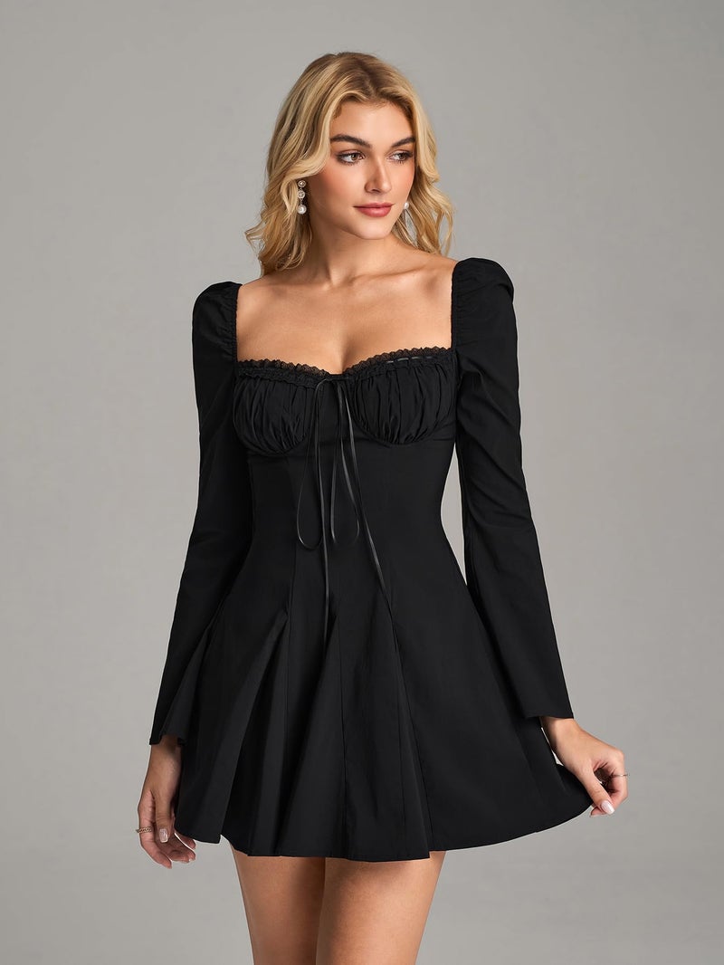EYNMIN Long Sleeve Mini Dress Lace Sweetheart Neckline Flowy A Line Short Going Out Dresses for Women Black - Image 2