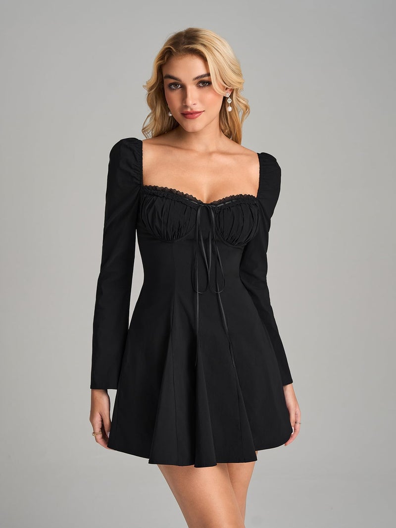 EYNMIN Long Sleeve Mini Dress Lace Sweetheart Neckline Flowy A Line Short Going Out Dresses for Women Black - Image 4