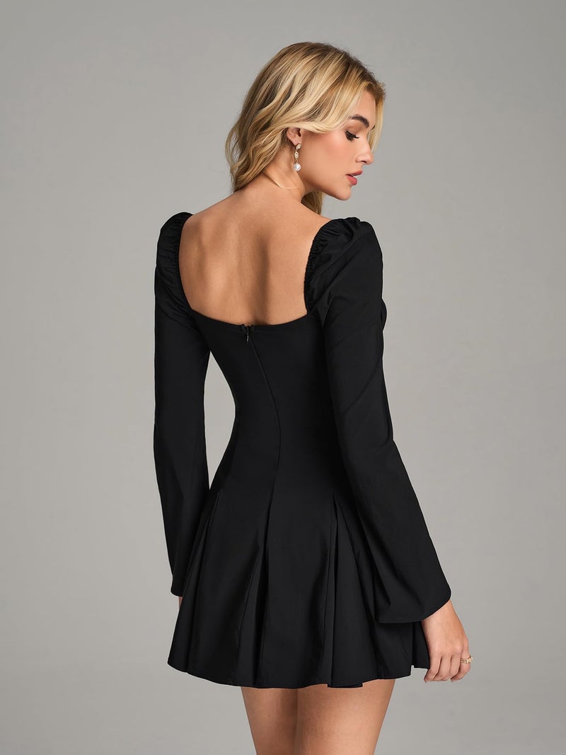 EYNMIN Long Sleeve Mini Dress Lace Sweetheart Neckline Flowy A Line Short Going Out Dresses for Women Black - Image 3