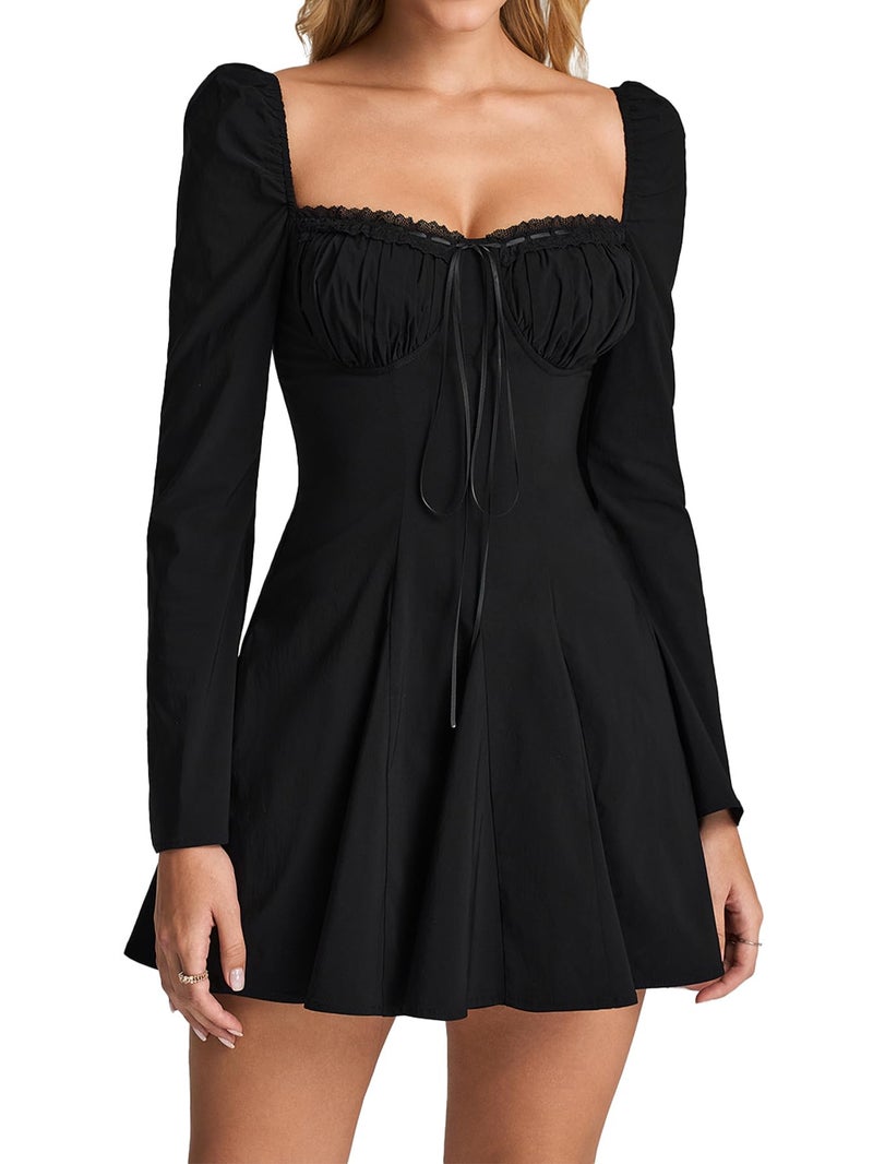 EYNMIN Long Sleeve Mini Dress Lace Sweetheart Neckline Flowy A Line Short Going Out Dresses for Women Black - Image 1
