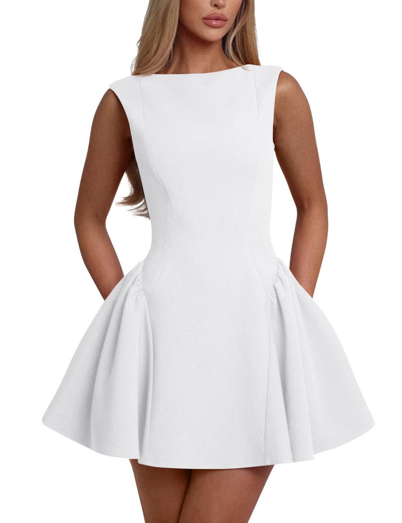 YMDUCH Women's Summer Sleeveless Crew Neck Backless A-line Mini Party Prom Dress White - Image 1