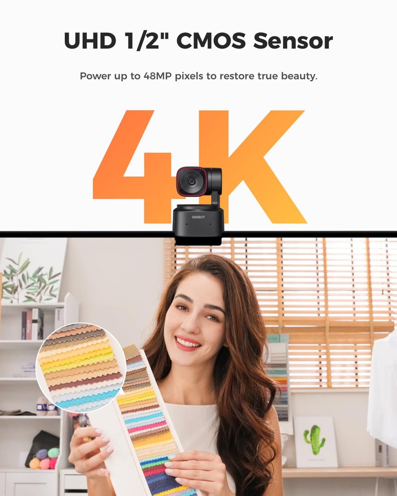 OBSBOT Tiny 2 Lite 4K Webcam for PC, AI Tracking PTZ Streaming Camera with 1/2" Sensor, Gesture Control, 60 FPS, HDR, Microphones, Web Camera for Desktop Computer, Laptop, Meeting, Video Calls, etc. - Image 3