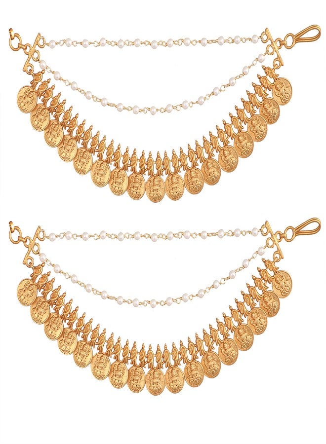 TARINIKA Antique Gold Plated Ear Chain | Traditional Indian Brass Jewelry with CZ and Pearls for Wedding & Festive Events Hair Jewellery (Ram Seetha Coin) - Image 1
