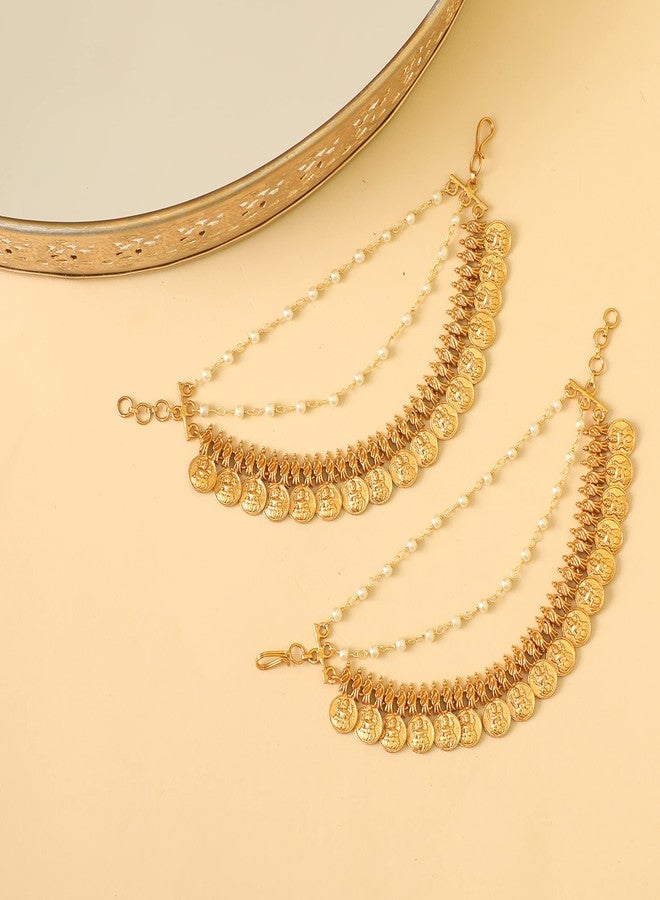 TARINIKA Antique Gold Plated Ear Chain | Traditional Indian Brass Jewelry with CZ and Pearls for Wedding & Festive Events Hair Jewellery (Ram Seetha Coin) - Image 3