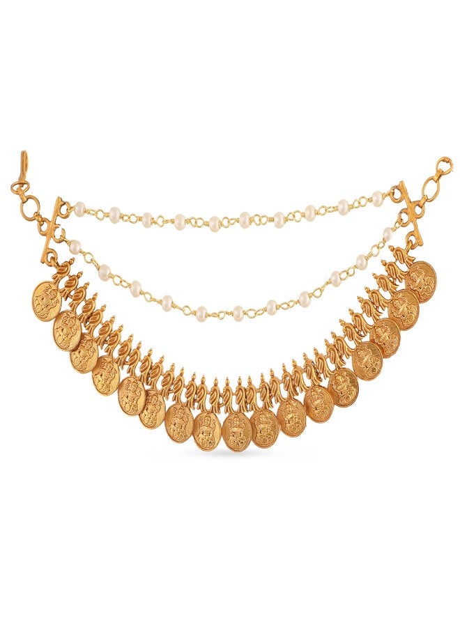 TARINIKA Antique Gold Plated Ear Chain | Traditional Indian Brass Jewelry with CZ and Pearls for Wedding & Festive Events Hair Jewellery (Ram Seetha Coin) - Image 4