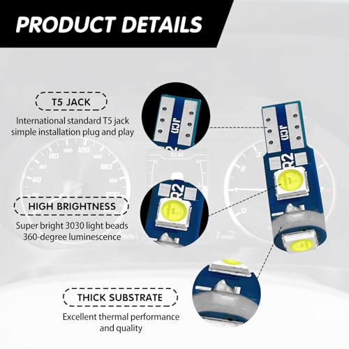 Damwot 74 Led Bulb Dash Lights Super Bright, T5 37 74 LED Bulb with Twist Lock Socket PC74 PC37,Dashboard Lights, Instrument Cluster Bulbs Kits,Pack of 20 (White) - Image 3