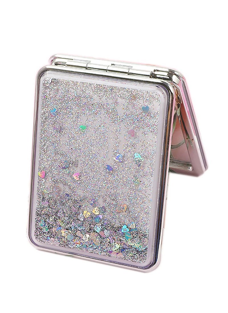 SYOSI Pocket Mirror Purse Makeup Mirror Double Sided Portable Compact Makeup Mirror Creative Quicksand Small Mini Makeup Mirror Glitter Foldable Fashion Hand Mirror Travel Mirror Silver  - Image 1