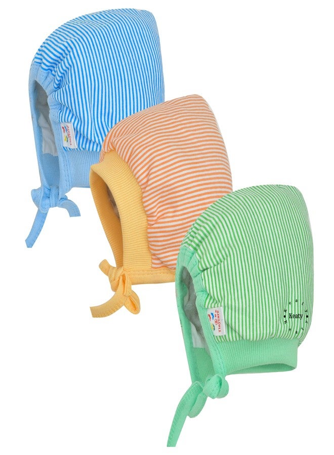 KEATY Present Cotton Soft Adjustable Knotted Warm Unisex New Born Baby Cap Baby Gift (Pack of 3 pecs) (in, Age, 6 Months, 9 Months, Baby Boys, Line Cap) - Image 1