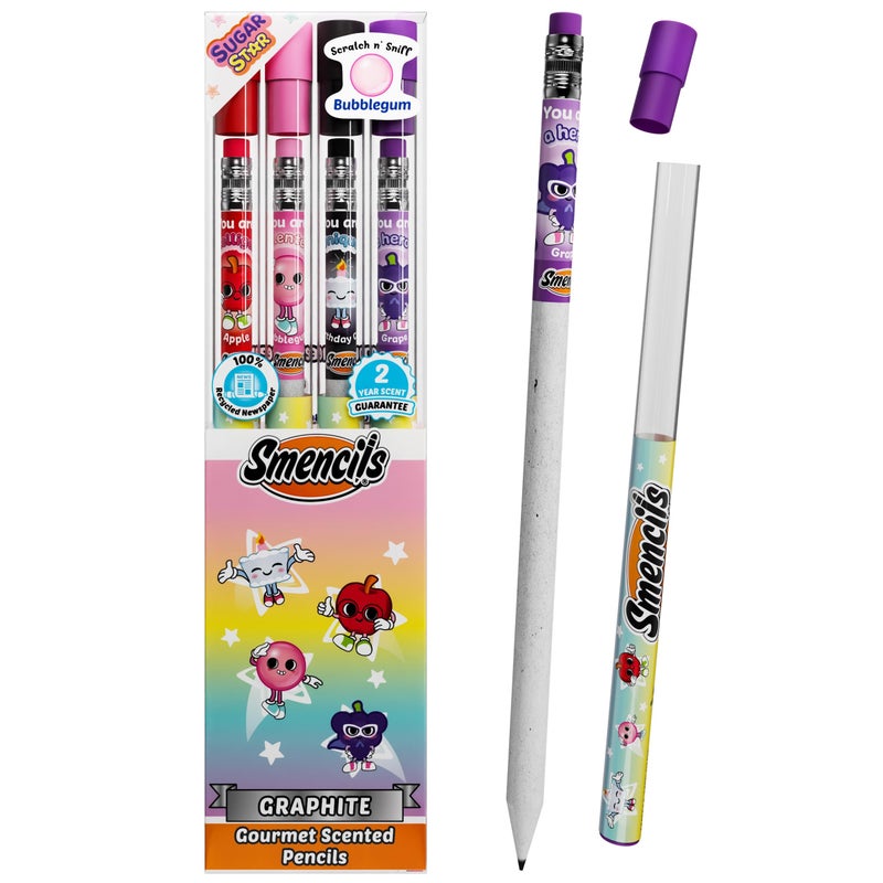 Scentco Smencils Sugar Star Scented Pencils â€“ HB #2 Graphite Pencils Made from Recycled Newspapers, 4 Pack, Long-Lasting Gourmet Scents, Fun School Supplies & Gifts for Kids, Teachers, Classroom Rewards - Image 1