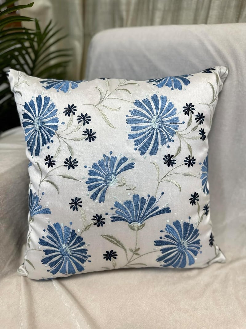 House Of Silko Banarasi Decorative Silk Floral Embroidered Cushion Cover Set for Home Decoration Size16x16 Set of 2 Blue - Image 1