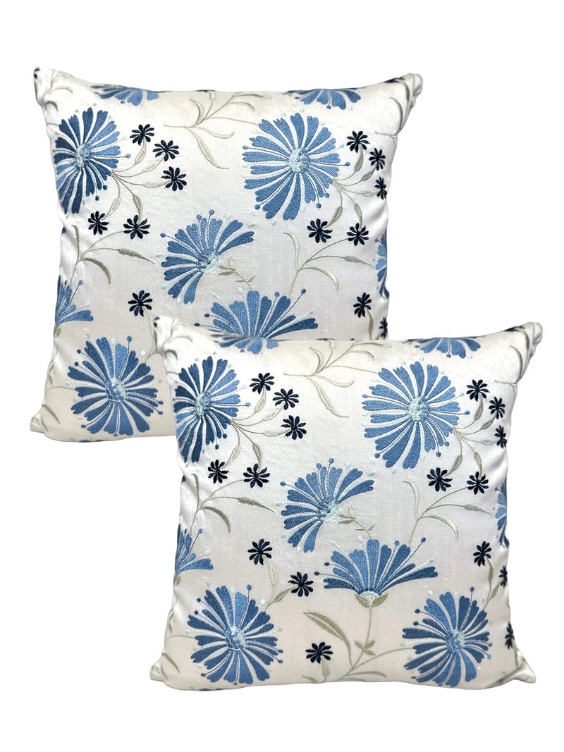 House Of Silko Banarasi Decorative Silk Floral Embroidered Cushion Cover Set for Home Decoration Size16x16 Set of 2 Blue - Image 3