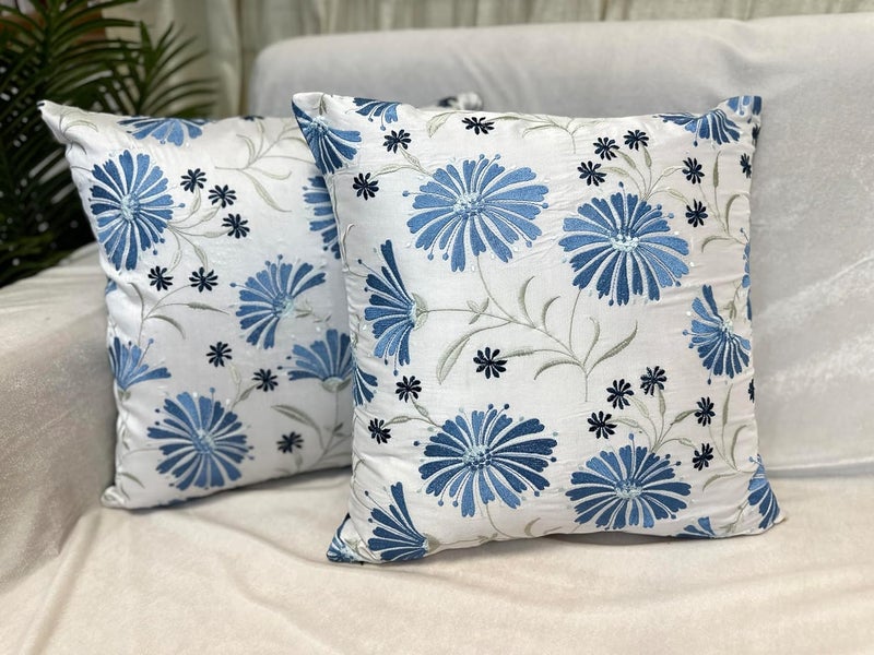 House Of Silko Banarasi Decorative Silk Floral Embroidered Cushion Cover Set for Home Decoration Size16x16 Set of 2 Blue - Image 2