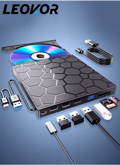 External CD/DVD Drive, DVD Player for Laptop, 8 in 1 USB 3.0 Ultra-Slim Portable, CD Burner External Disk Drive Optical Compatible with Laptop Desktop Mac,Windows 11/10/8/7 Linux