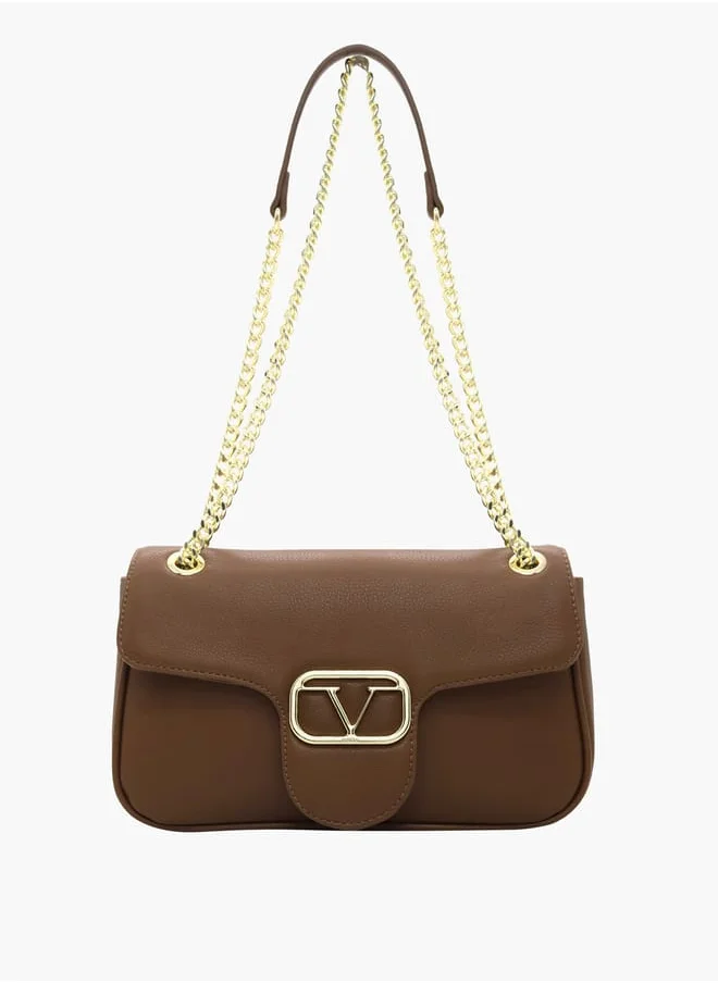 V Italia Solid Shoulder Bag with Chain Strap and Flap Closure